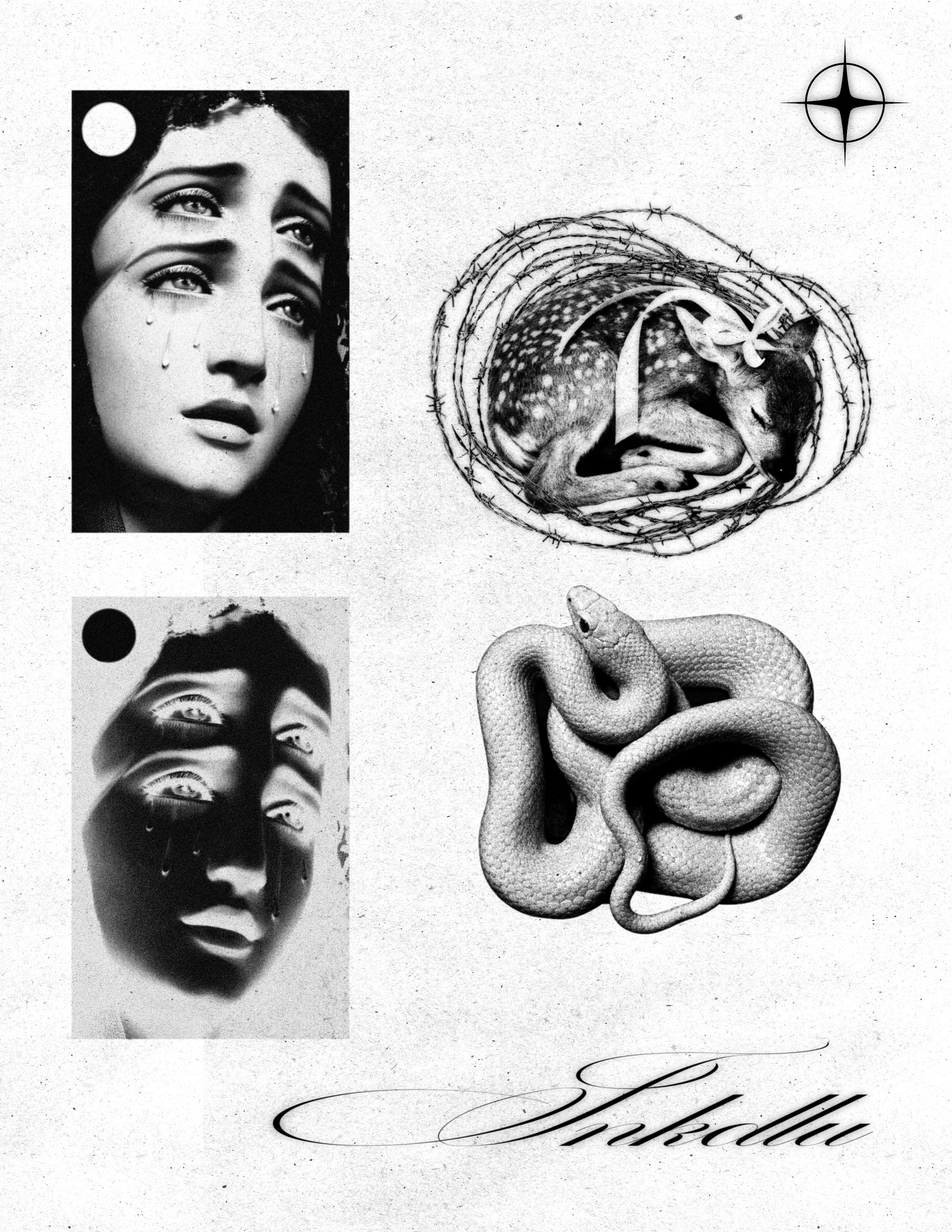 VESSEL flash sheet with repeated tearful eyes, a curled fawn inside barbed wire, and a coiled snake.