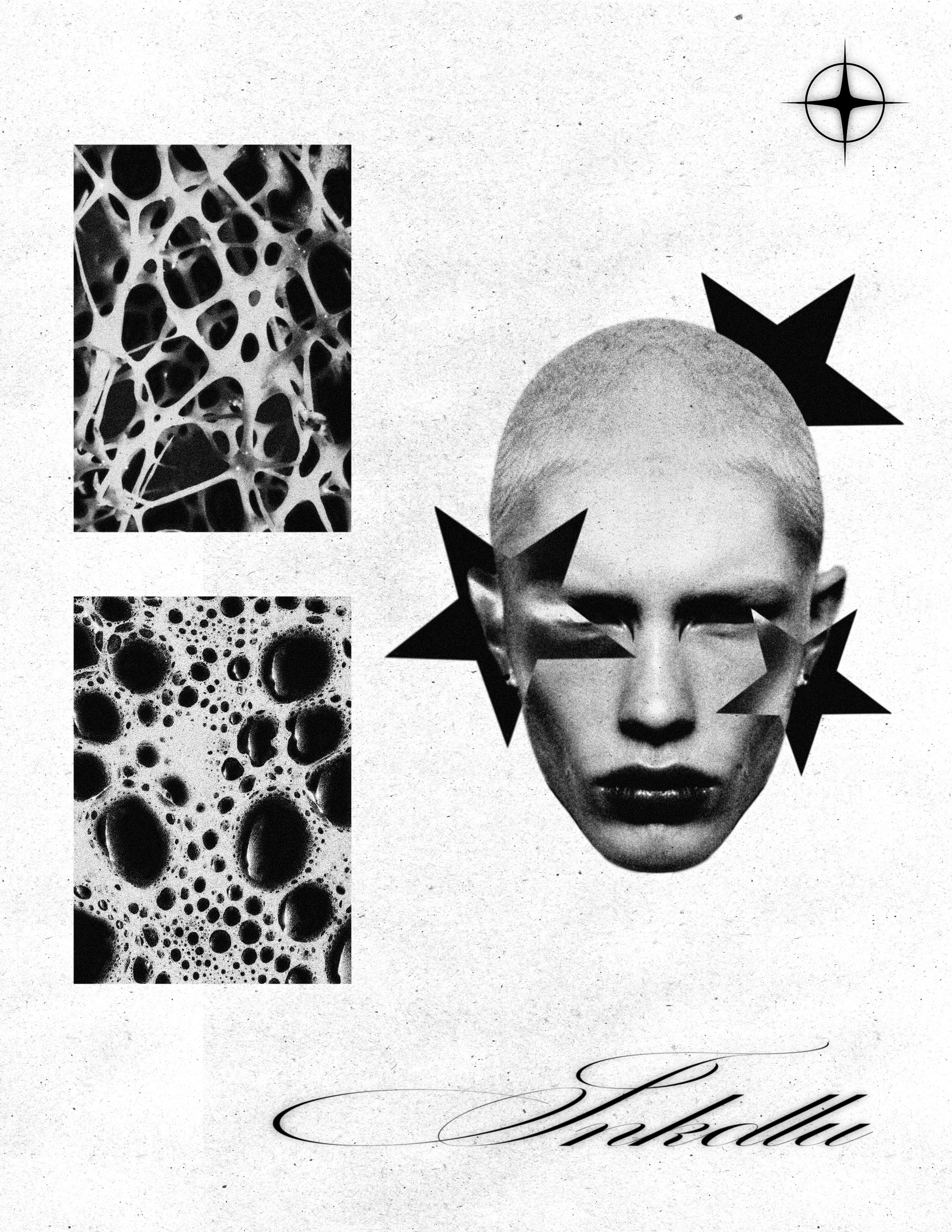VESSEL flash sheet with porous textures and a closely cropped portrait fragmented by black stars.