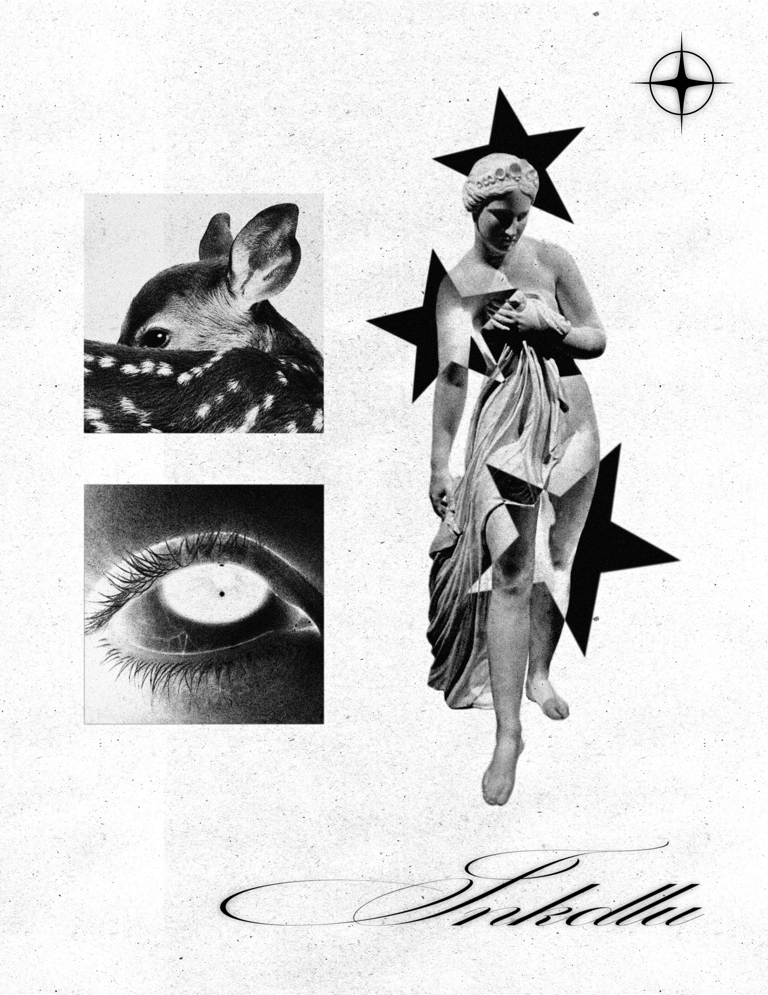 PREY flash sheet with a fawn portrait, an inverted eye, and a draped statue overlaid with stars.