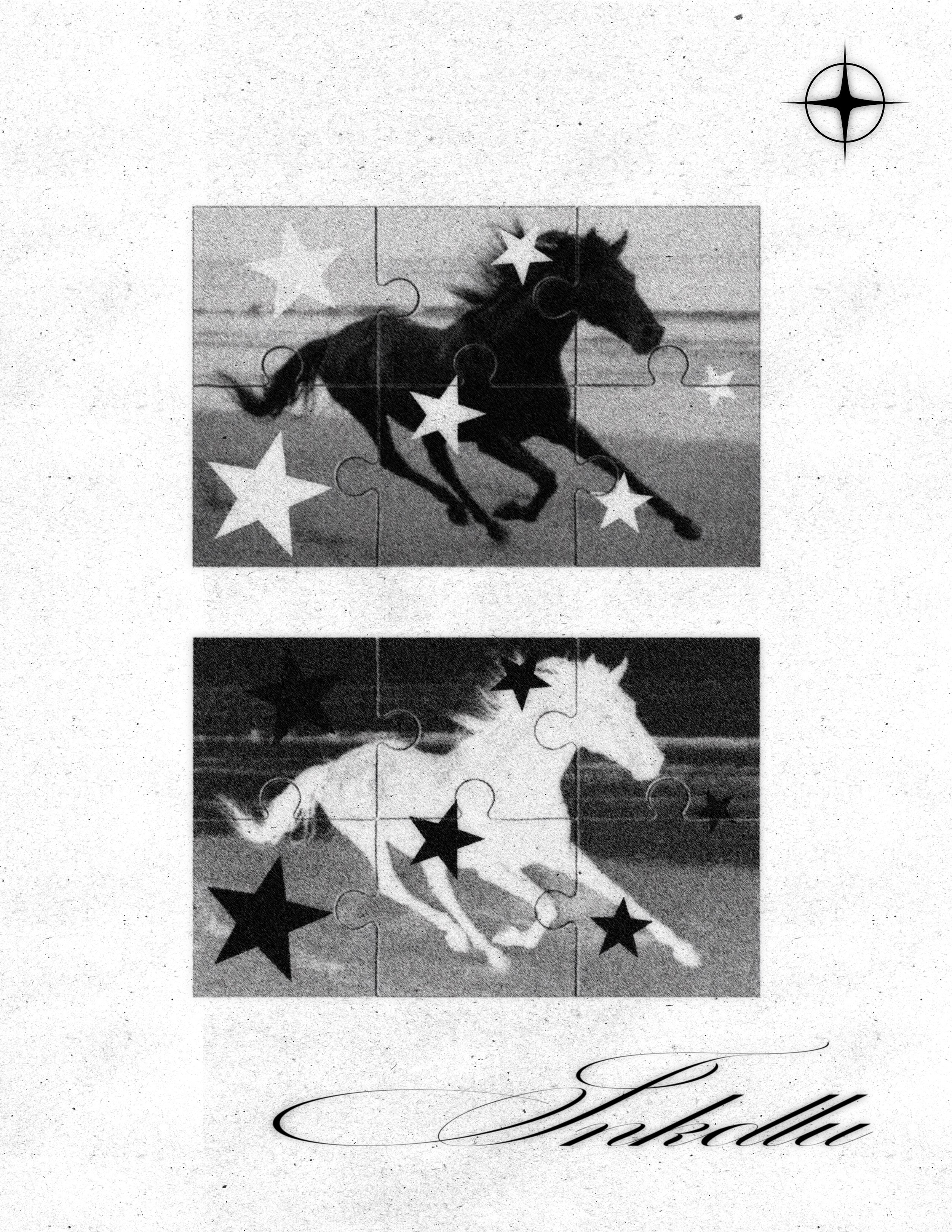 SPLIT flash sheet with two running horses in opposing tones, overlaid with stars and jigsaw grids.