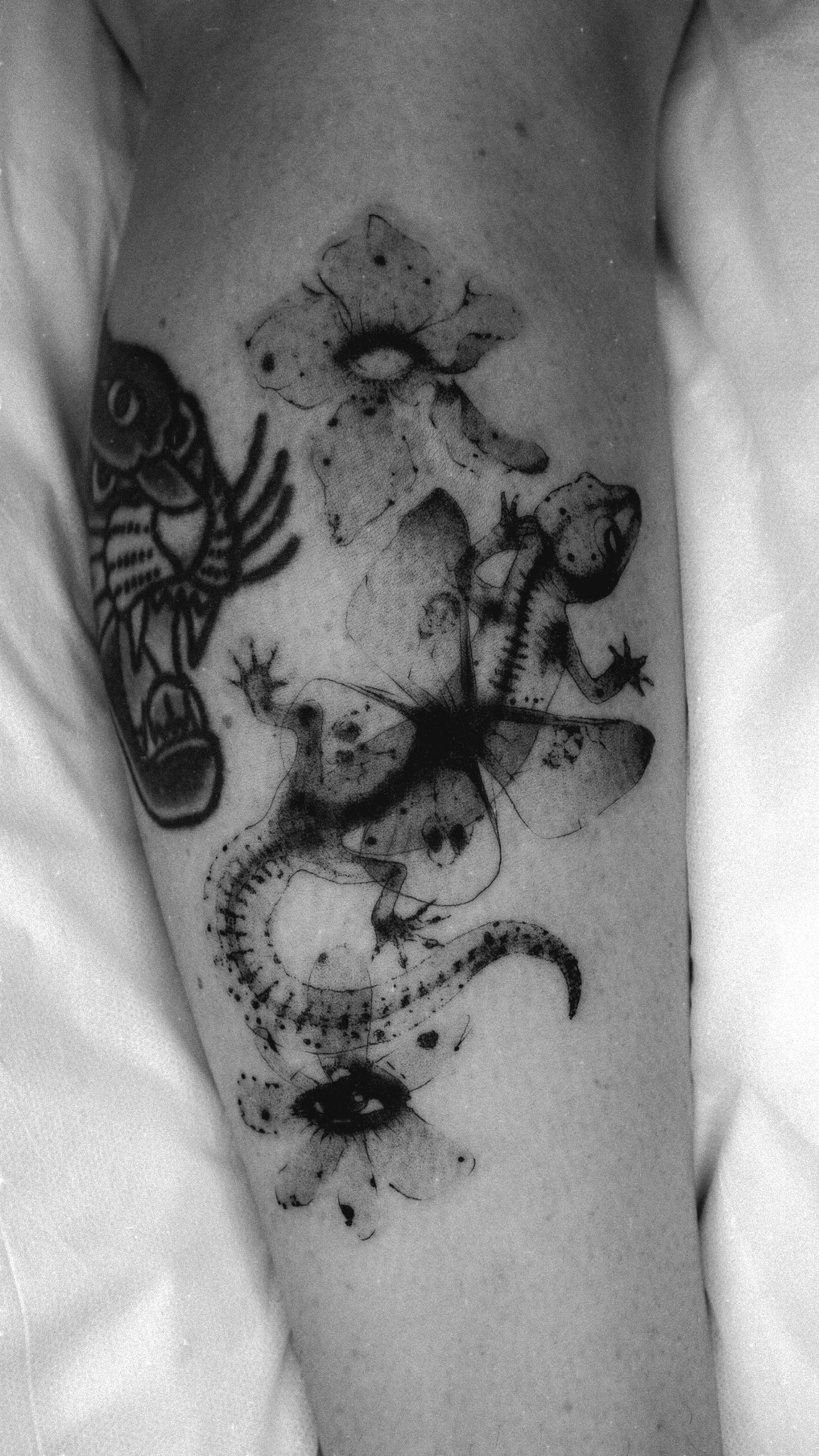 Black and grey arm tattoo combining a flower, flowing forms, and a coiled snake.