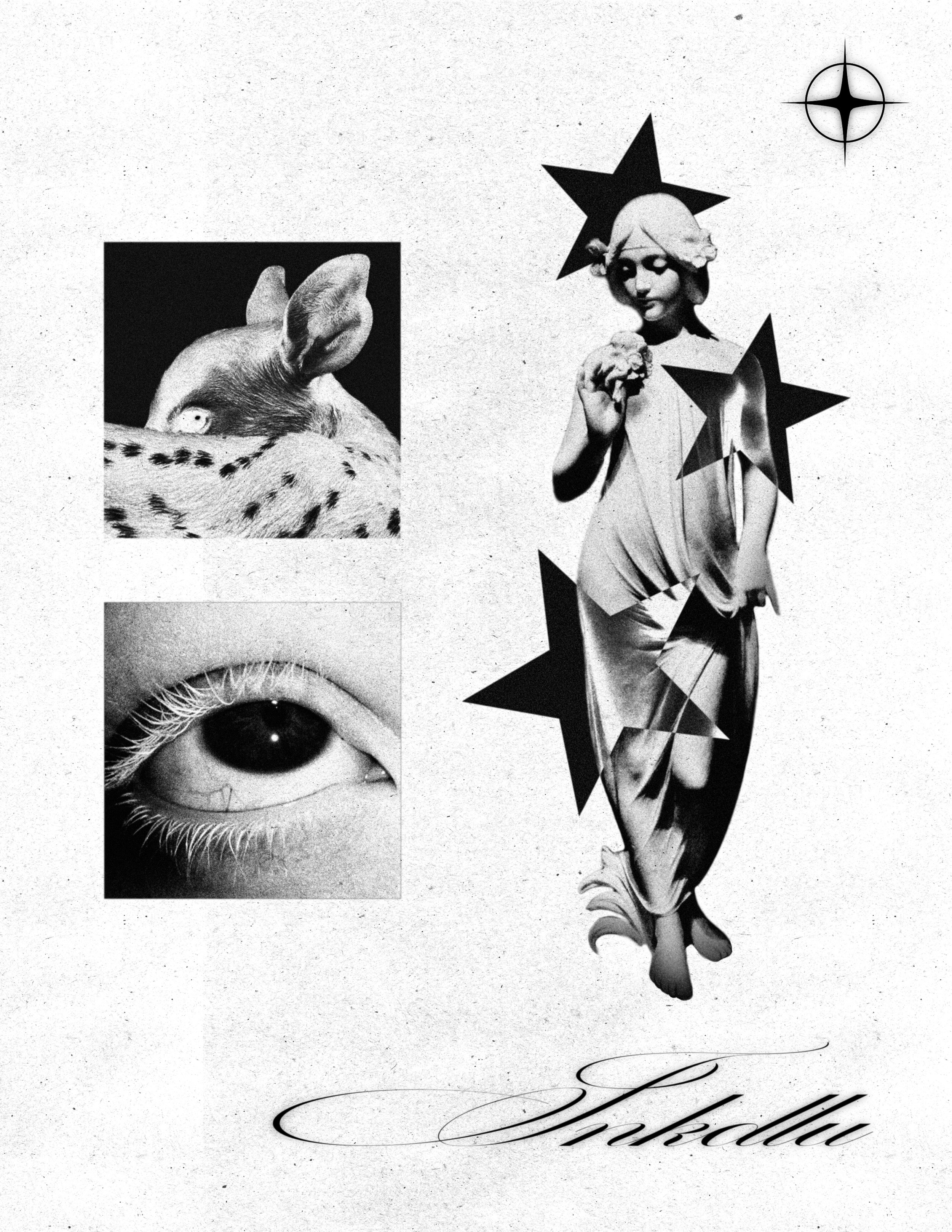 PREY flash sheet with an inverted fawn portrait, an eye close-up, and a draped statue fragmented by stars.