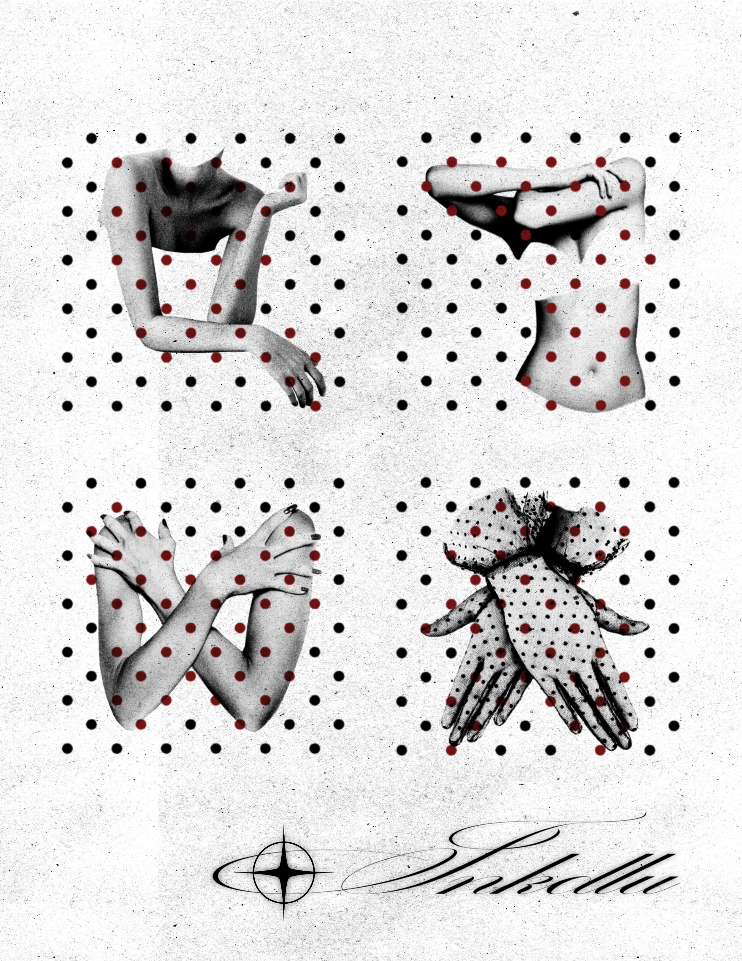 POLKA flash sheet with cropped torsos, crossed arms, and overlapping hands beneath red and black dots.