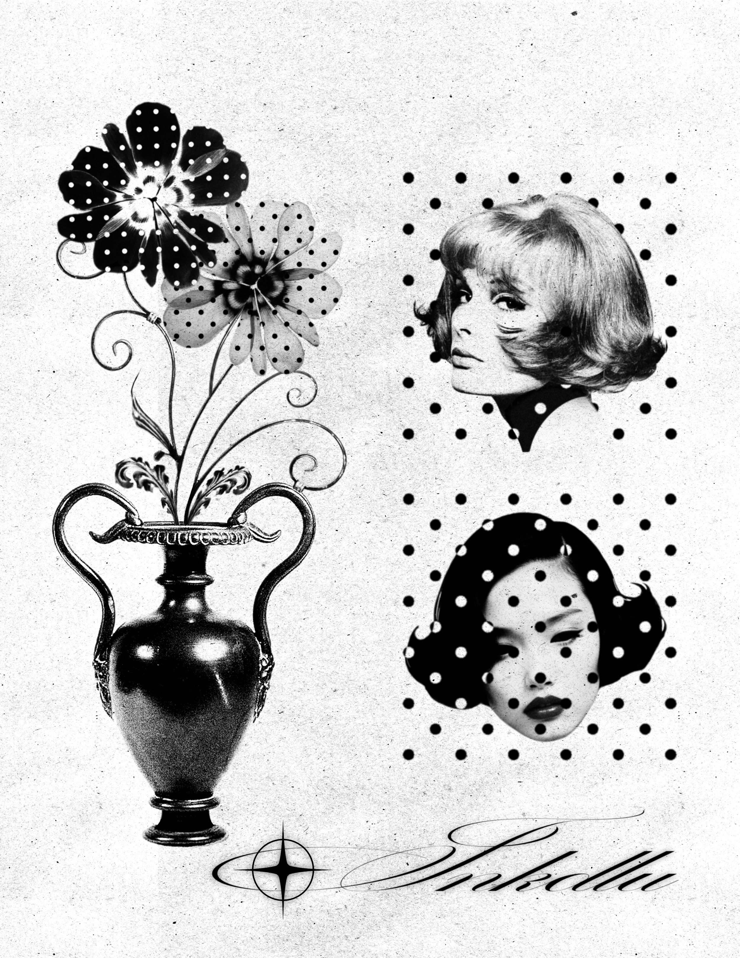 POLKA flash sheet with dotted flowers in an ornate vase and two women's portraits.