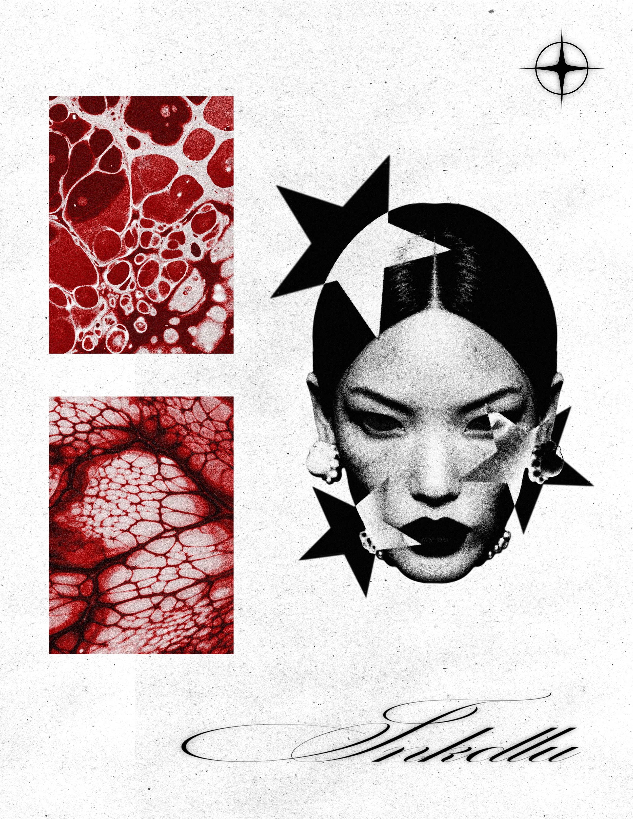 VESSEL flash sheet with red cellular textures and a dark-haired portrait fragmented by black stars.