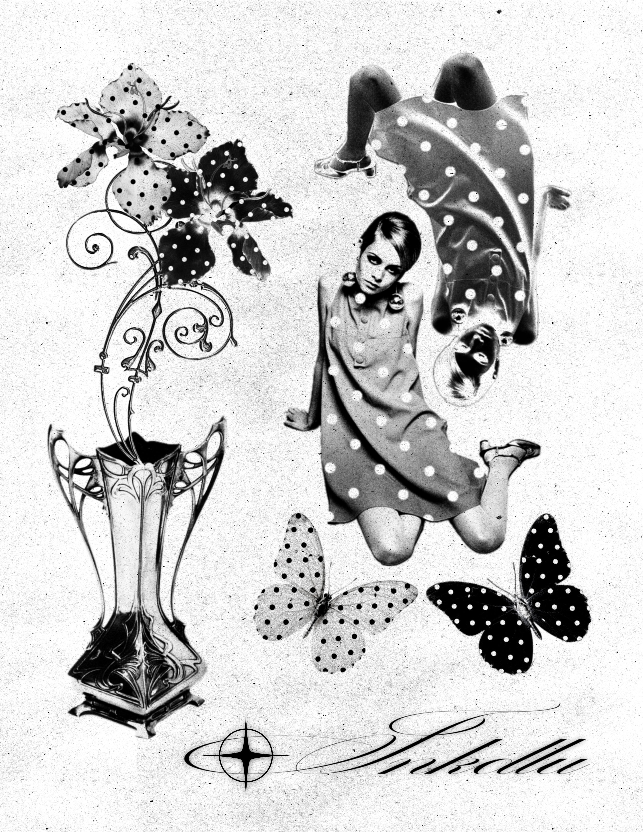 POLKA flash sheet with dotted flowers, butterflies, and upright and inverted seated figures.
