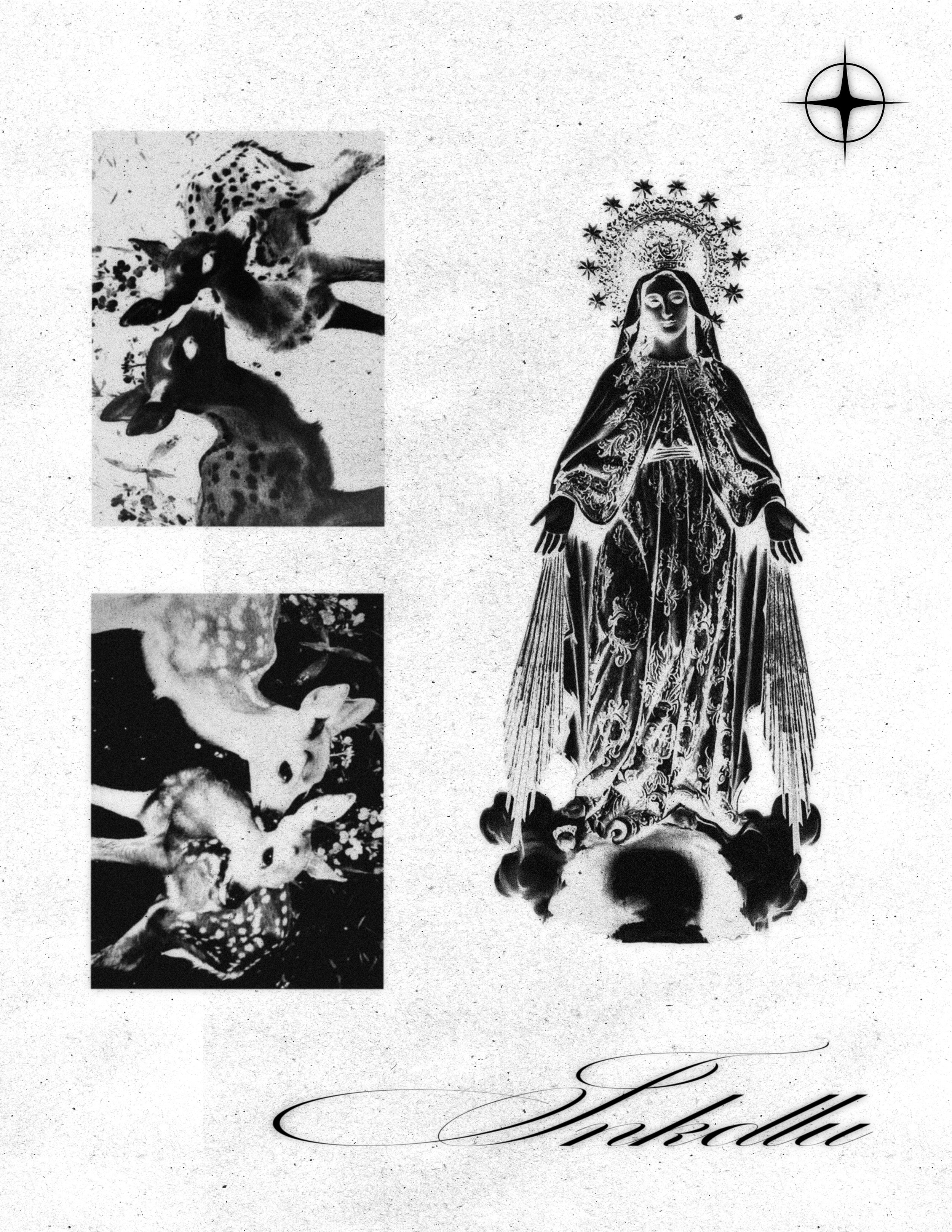 REQUIEM flash sheet with paired fawns in opposing tones and a crowned, robed figure.